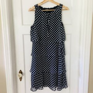 ROZ & ALI Dress Women's 6 Navy Polka Dot Tiered Layered Sleeveless Midi Party